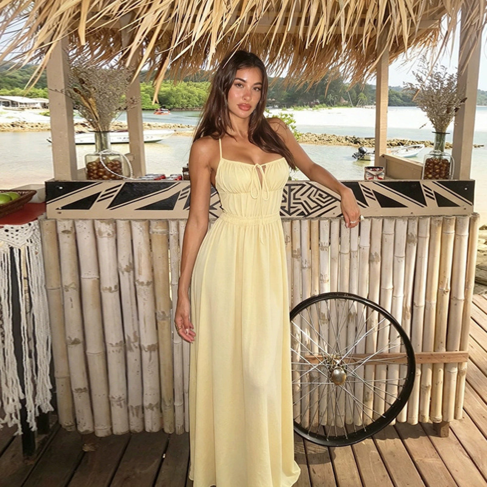 Zara Summer Solid Color Cami Dress Strapless Backless Tie Long Dress